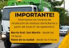 IMPORTANTE: HORARIO DE RECOLECCION DE RESIDUOS DOMICILIARIOS