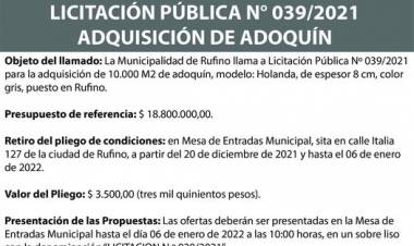 LICITACION PUBLICA 039/2021 ADQUISICION DE ADOQUINES
