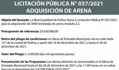 LICITACION PUBLICA 037/2021 ADQUISICION DE ARENA