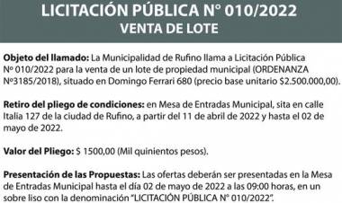 LICITACION PUBLICA N° 010/2022 VENTA DE TERRENO