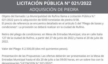 LICITACION PUBLICA N°021/2022 POR COMPRA PIEDRA