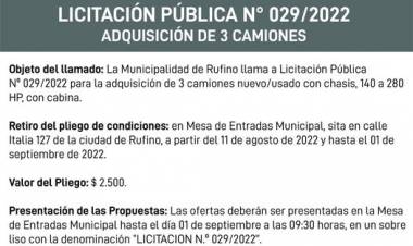 LICITACION PUBLICA N| 029/2022 ADQUISICION 3 CAMIONES