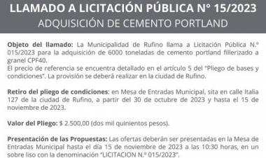 LLAMADO A LICITACION PUBLICA N° 15/2023