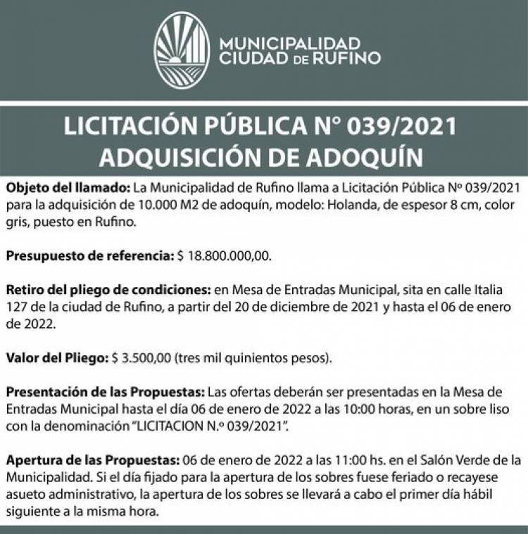 LICITACION PUBLICA 039/2021 ADQUISICION DE ADOQUINES