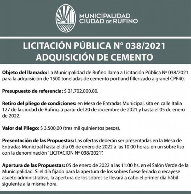 LICITACION PUBLICA 038/2021 COMPRA DE CEMENTO