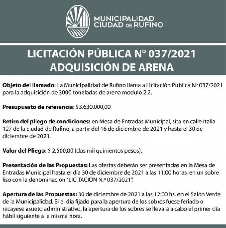 LICITACION PUBLICA 037/2021 ADQUISICION DE ARENA