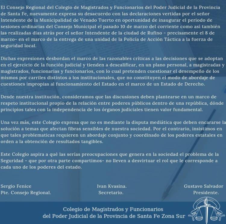 CONSEJO REGIONAL DEL COLEGIO DE MAGISTRADOS Y FUNCIONARIOS DEL PODER JUDICIAL DE LA PROVINCIA DE SANTA FE