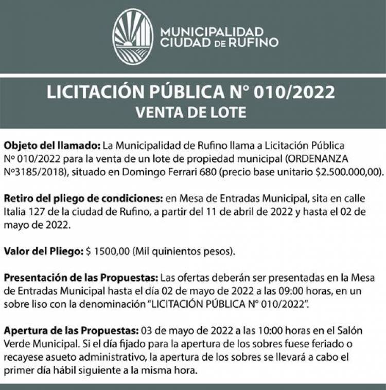 LICITACION PUBLICA N° 010/2022 VENTA DE TERRENO