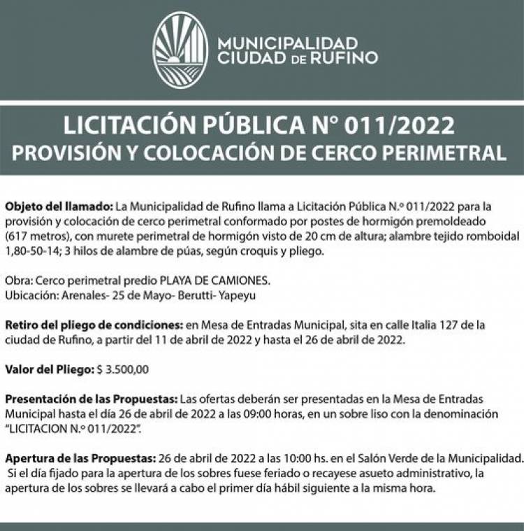 LICITACION PUBLICA N° 011/2022  PROVISION Y COLOCACION CERCO PERIMETRAL