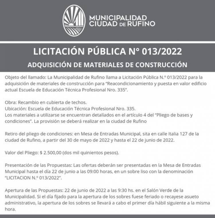 LICITACION PUBLICA N| 13/2022 MATERIALES DE CONSTRUCCION