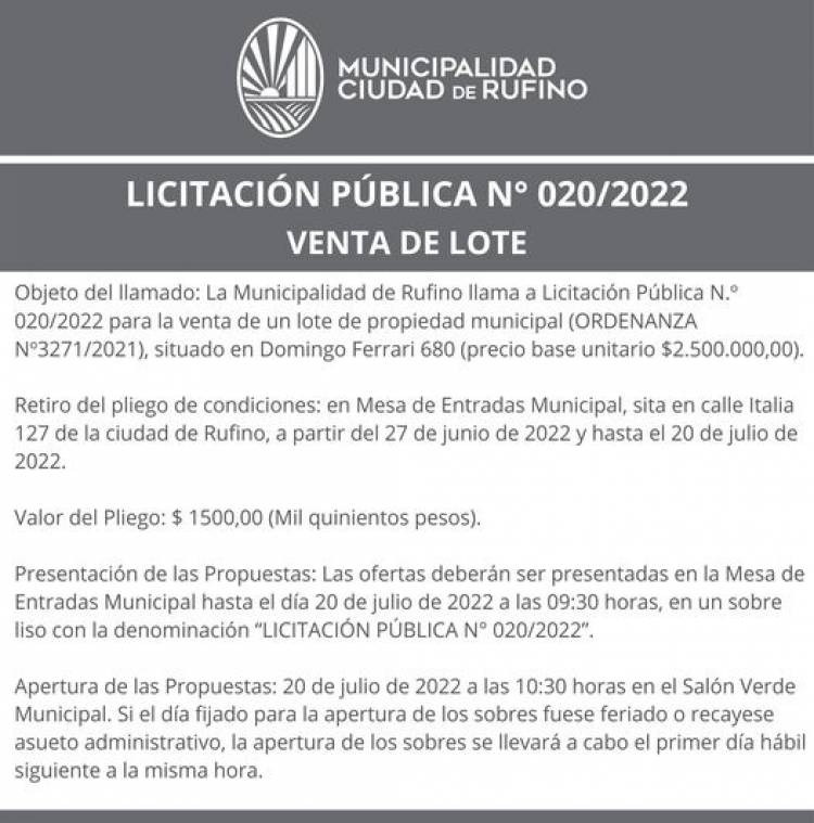 LICITACION PUBLICA N°20/2022 VENTA DE LOTE