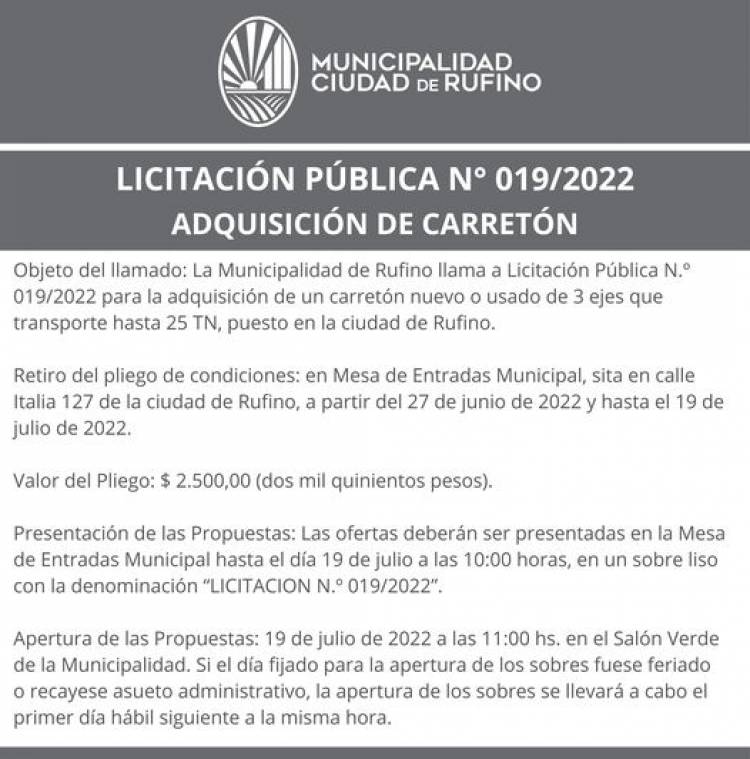 LICITACION PUBLICA N°19/2022 ADQUISICION DE CARRETON