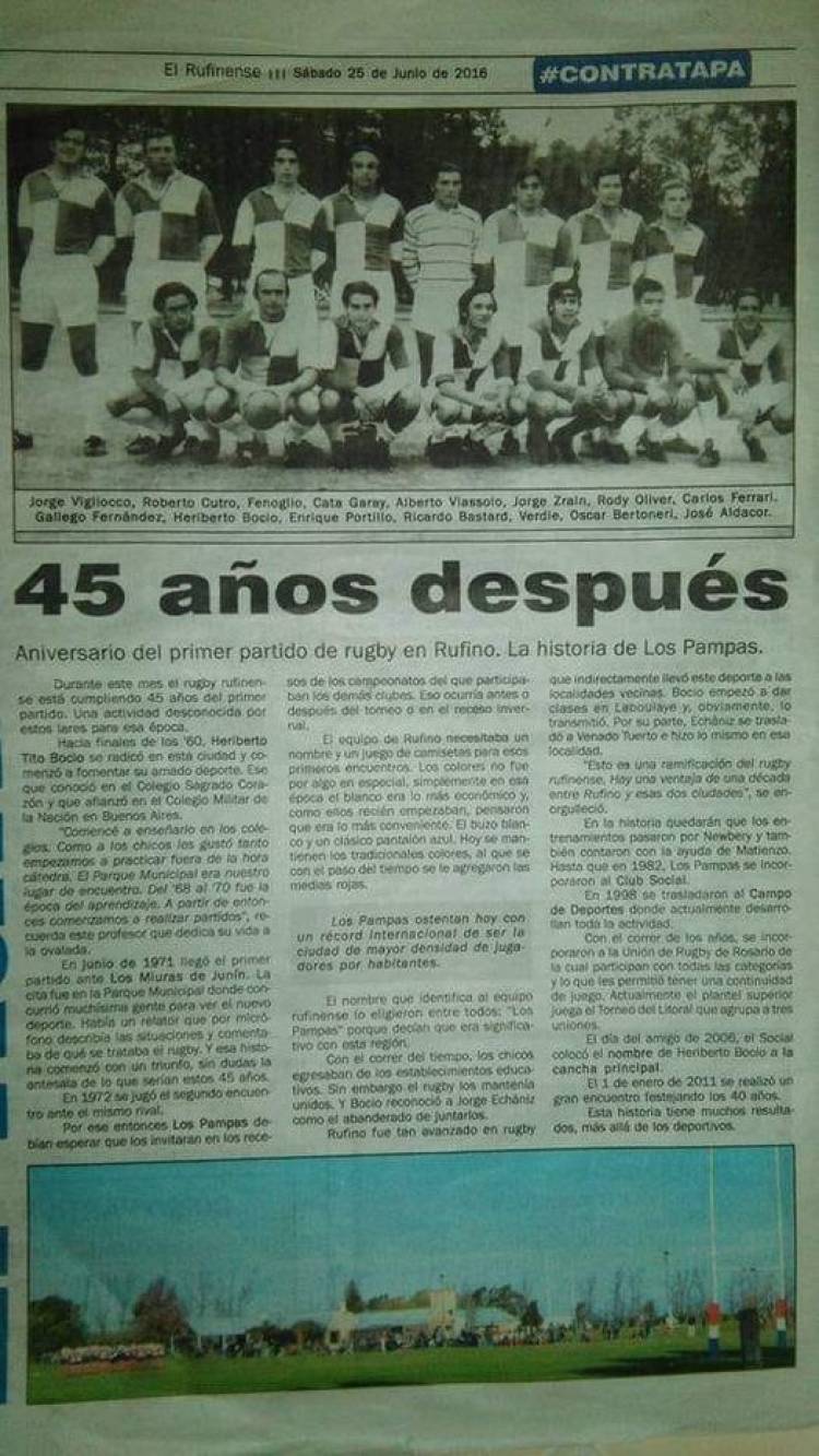 45 AÑOS DESPUES DEL 1° PARTIDO DE RUGBY EN RUFINO. LA HISTORIA DE LOS PAMPAS