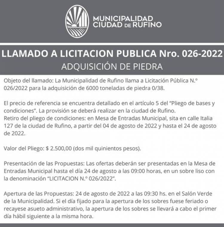 LLAMADO LICITACION PUBLICA 026/2022 ADQUISICION DE PIEDRA