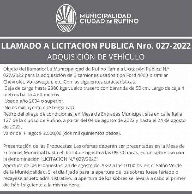 LICITACION PUBLICA 027/2022 ADQUISICION DE VEHICULO