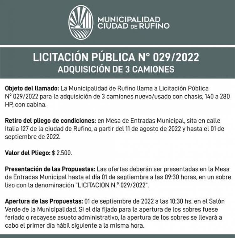 LICITACION PUBLICA N| 029/2022 ADQUISICION 3 CAMIONES