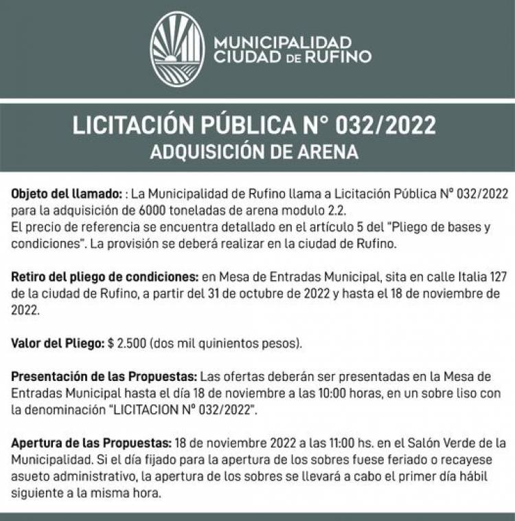 LICITACION PUBLICA N| 032/2022 ADQUISICION DE ARENA
