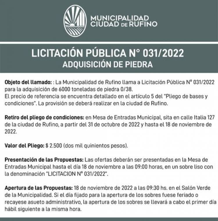 LICITACION PUBLICA N| 031/2022 ADQUISICION DE PIEDRA