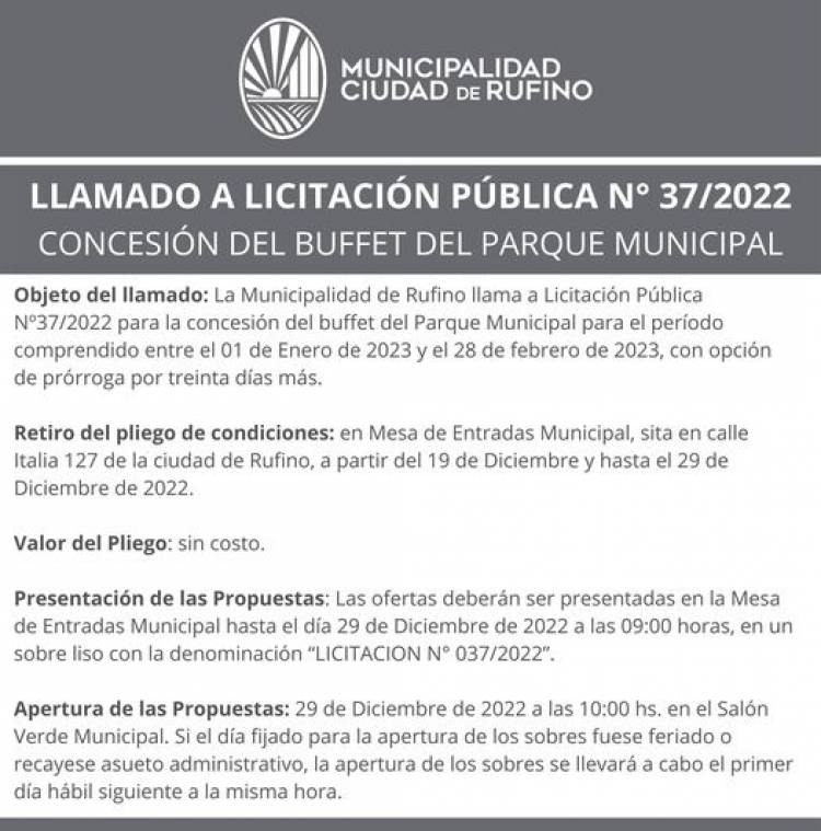 LLAMADO A LICITACION N| 037/2022