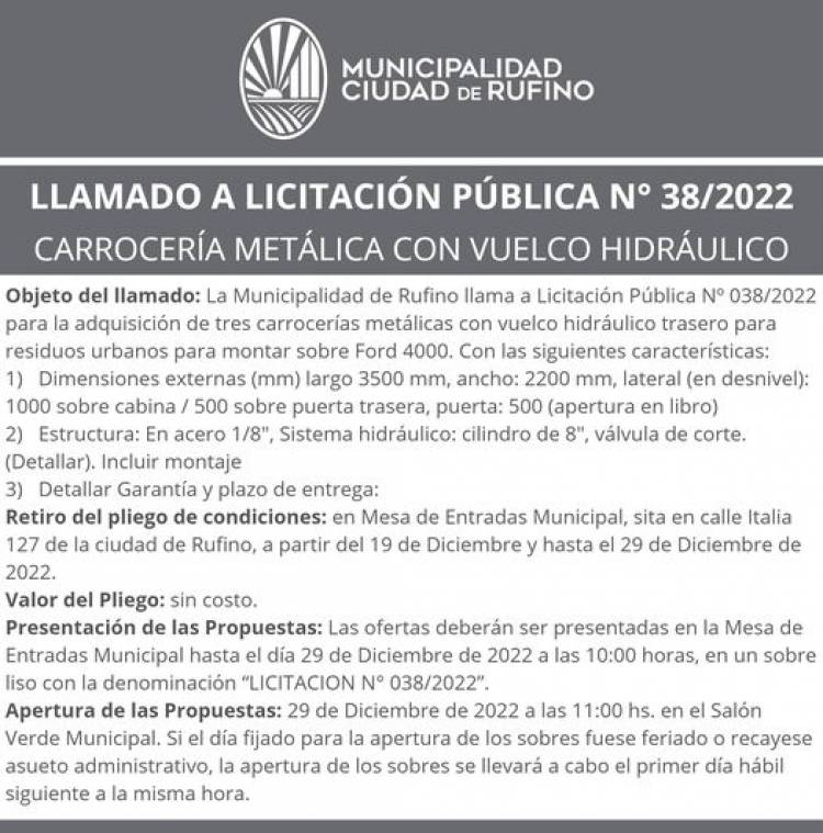 LLAMADO LICITACION PUBLICA N| 038/2022