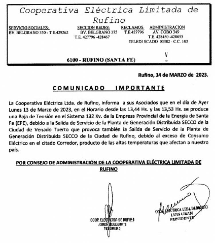 COOPERATIVA ELECTRICA LIMIADA DE RUFINO: COMUNICADO IMPORTANTE