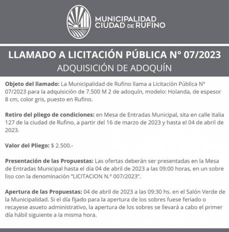 LICITACION PUBLICA N| 007/2023 - Fm Universal Rufino