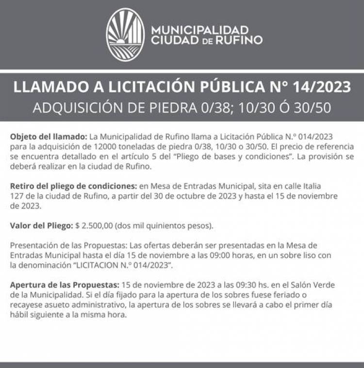 LLAMADO A LICITACION PUBLICA N! 14/2023