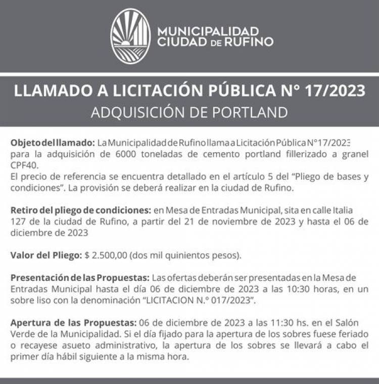 LLAMADO A LICITACION PUBLICA N! 17/2023