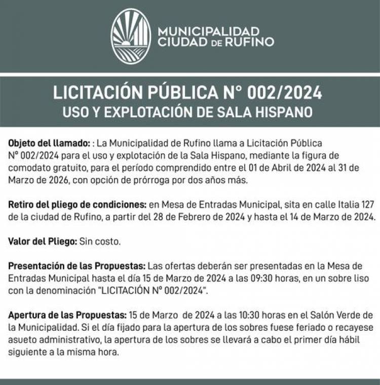 LICITACION PUBLICA 002/2024 USO Y EXPLOTACION DE SALA HISPANO