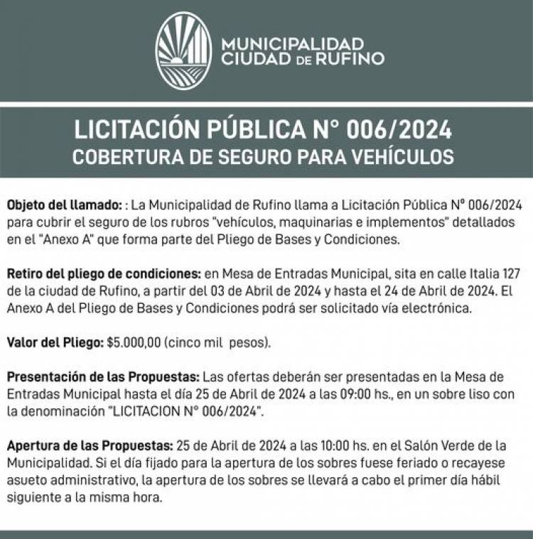 LICITACION PUBLICA N° 006/2024 SEGURO DE VEHICULOS