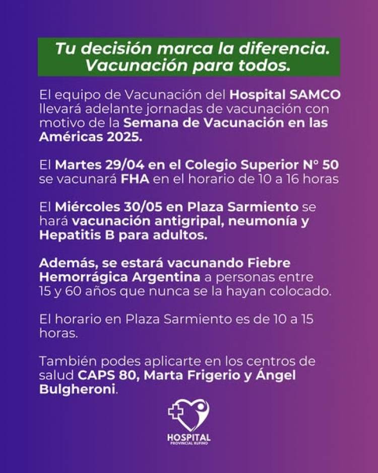HOSPITAL SAMCO: NOS SUMAMOS A LA SEMANA DE VACUNACION DE LAS AMERICAS