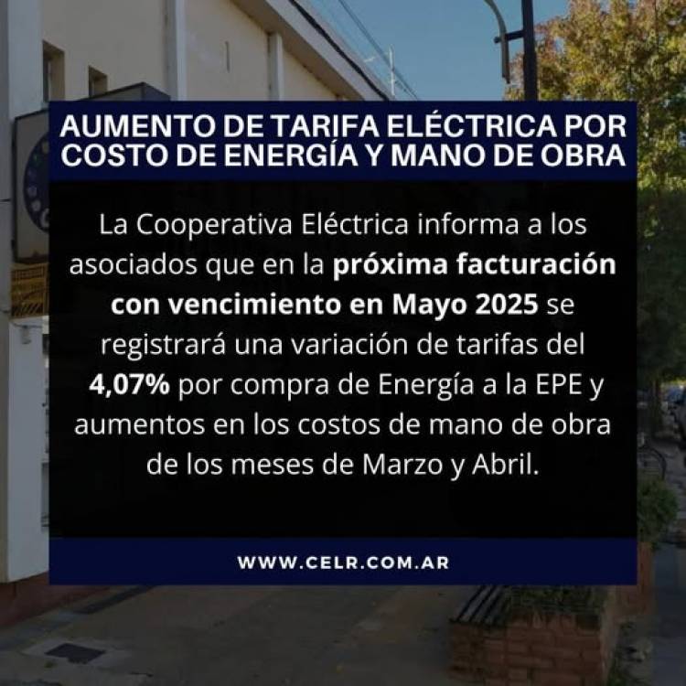 COOPERATIVA ELECTRICA LIMITADA DE RUFINO: AUMENTO DE TARIFAS