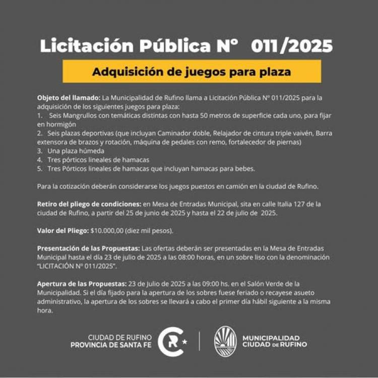 LICITACION PUBLICA N° 011 ADQUISICION DE JUEGOS PARA PLAZA