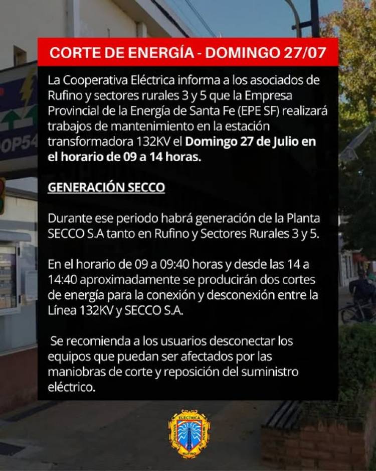 CELR: CORTE ENERGIA ELECTRICA DOMINGO 27 DE JULIO