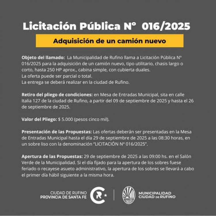 LICITACION PUBLICA N° 16/2025 COMPRA CAMION NUEVO