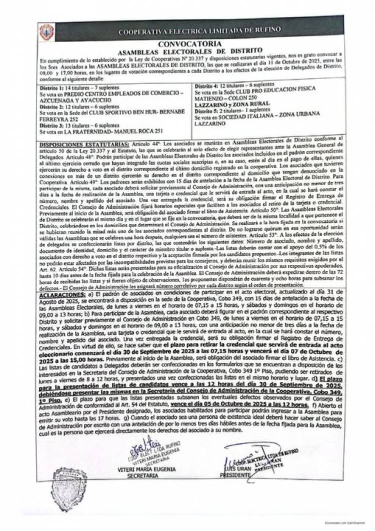 CELR: CONVOCATORIA ASAMBLEA ELECTORAL DE DISTRITO