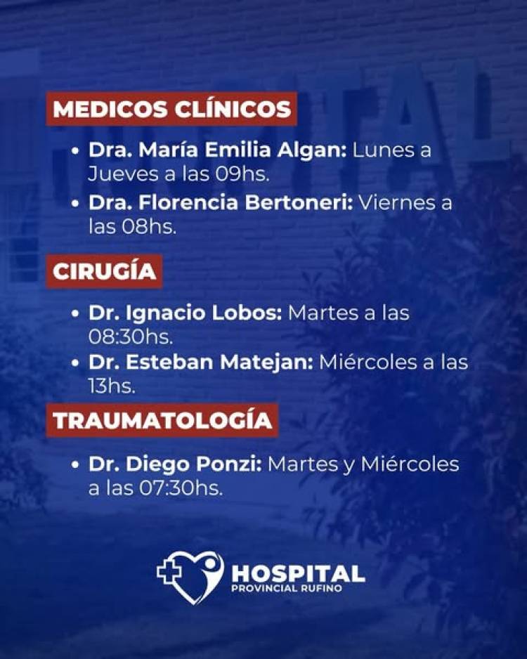 HOSPITAL RUFINO: HORARIO DE ATENCION DE NUESTROS PROFESIONALES MEDICOS