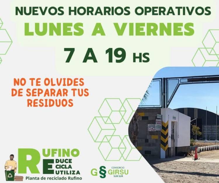 PLANTA DE RECICLADO DE RUFINO: NUEVO HORARIO PLANTA