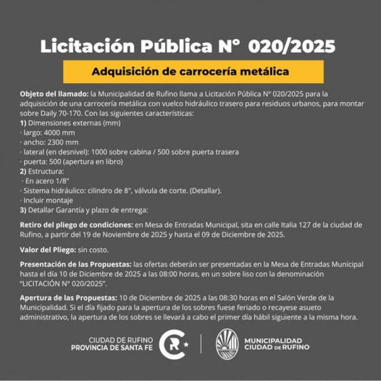 LLAMADO A LICITACION PUBLICA N° 20/2025