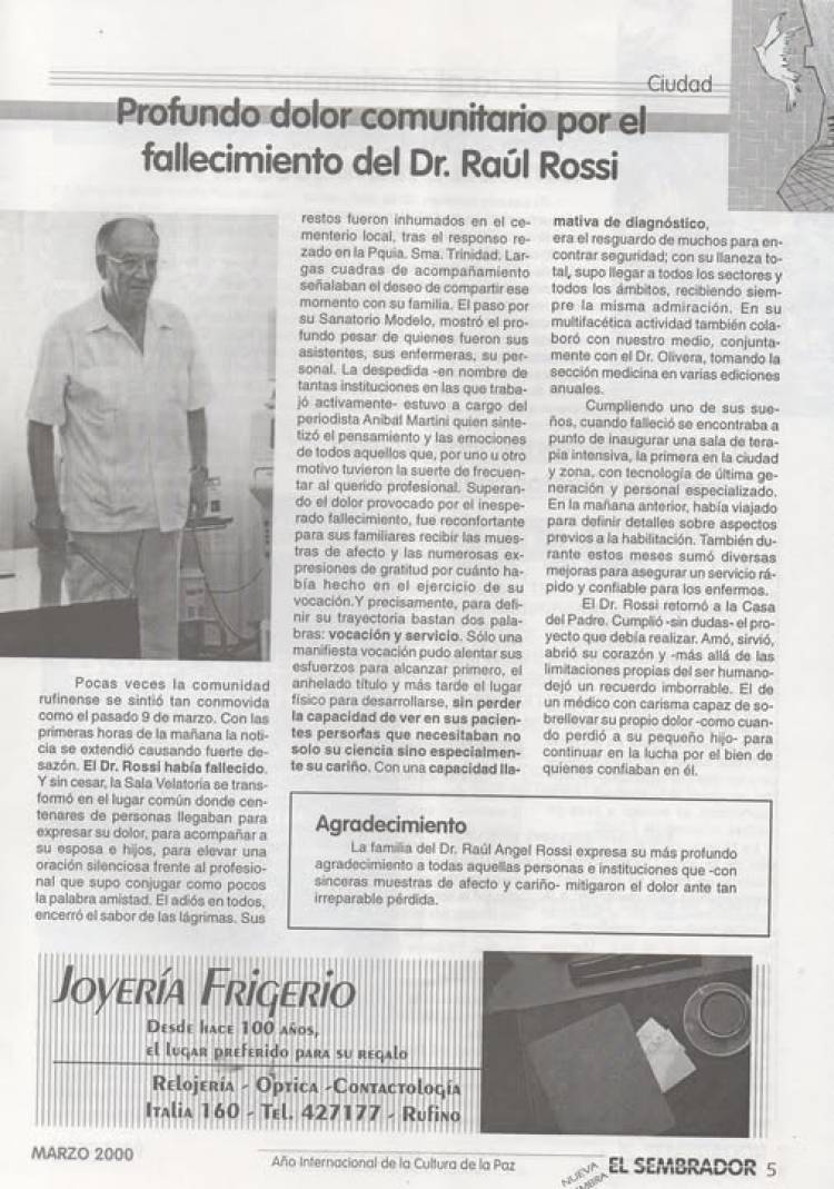 9 DE MARZO DE 2000: FALLECE EL DR. RAUL ROSSI