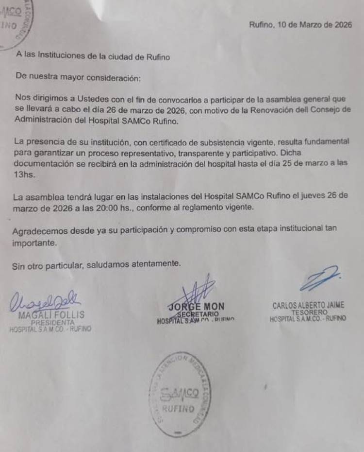 HOSPITAL SAMCO: CONVOCATORIA ASAMBLEA GENERAL