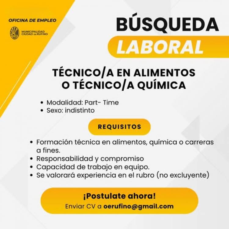 BUSQUEDA LABORAL: TECNICO EN ALIMENTOS O TECNICO BIOQUIMICO